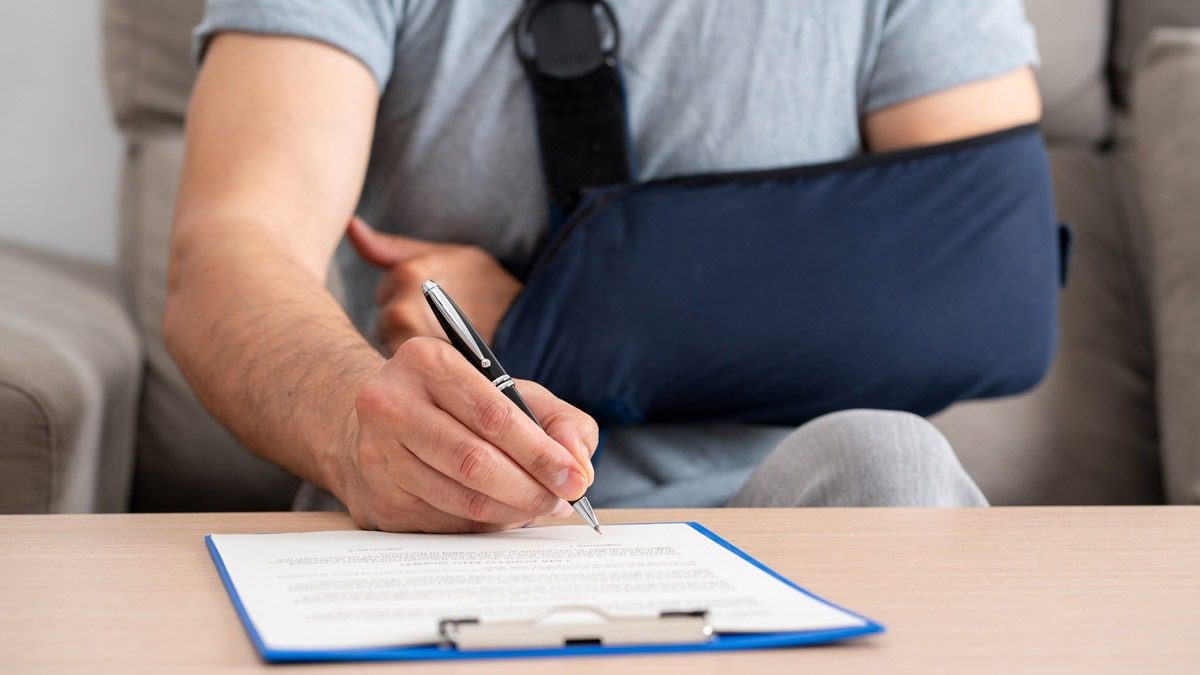 man-in-arm-sling-signing-papework