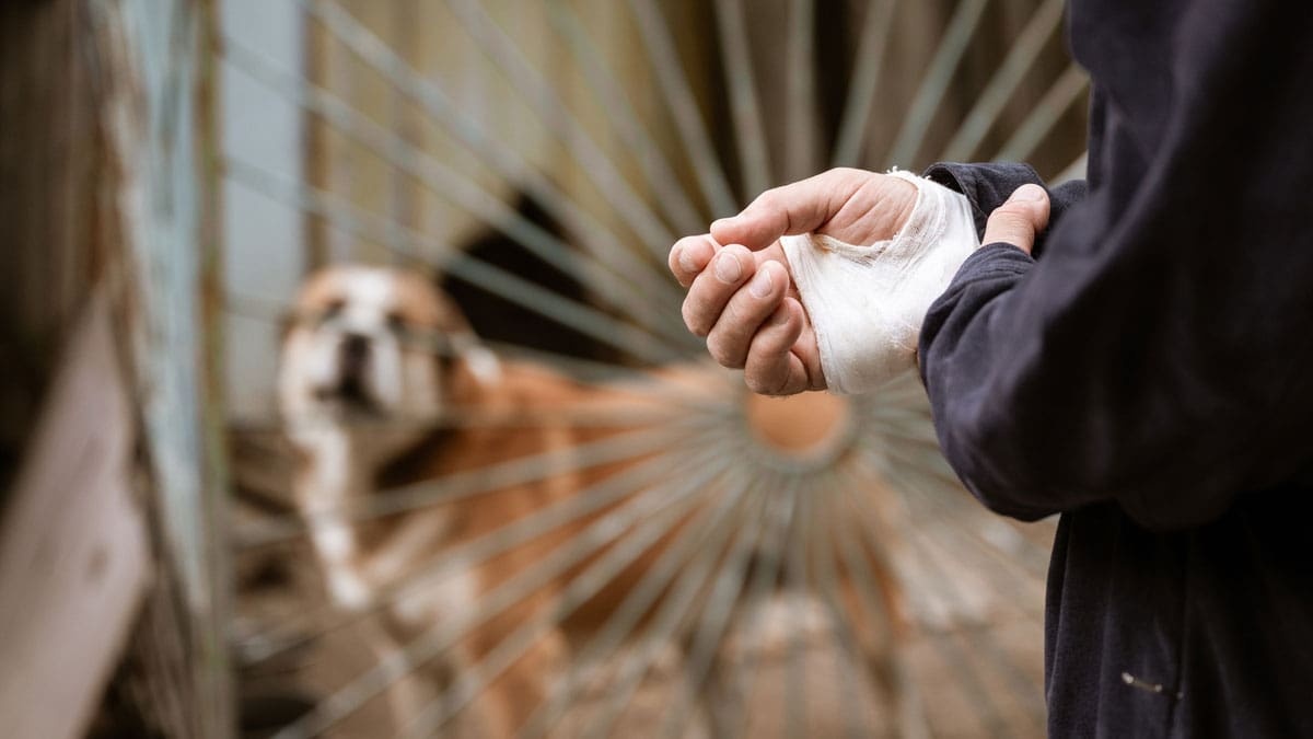 individual-holding-injured-hand-while-looking-at-dog-through-barrier