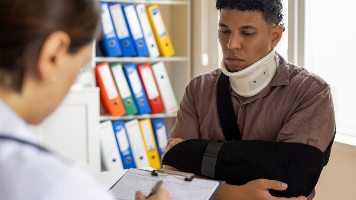 doctor-examining-a-patient-in-a-neck-brace-and-arm-sling